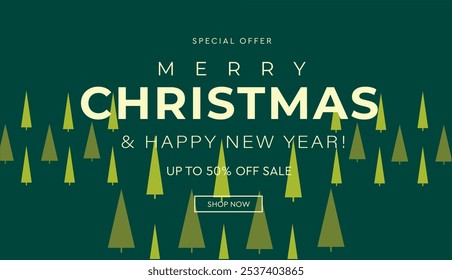 Merry Christmas and Happy New Year 2025 Sale Card. Abstract 3D Background Patterns for Advertising, Web, Social Media, Posters, Banners, Covers. Offering 50% Discount. Vector Illustration.