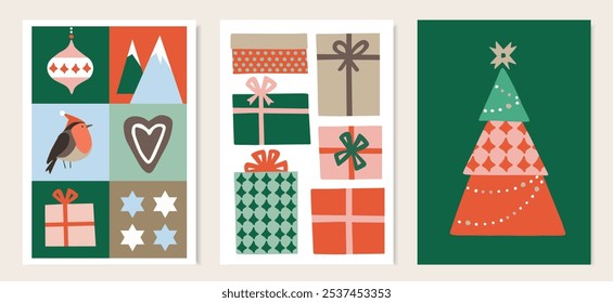 Feliz Navidad Feliz Año Nuevo. Conjunto de Ilustraciones vectoriales. Fondo del invierno, tarjeta de felicitación, invitación del partido. Conjunto de póster de diseño plano retro con árbol de Navidad, bola de Navidad, cajas de regalo y pinzón