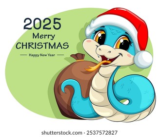 Merry Christmas and Happy New Year greeting card. Cute little snake with sack of presents