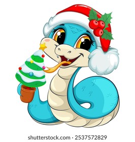 Merry Christmas and Happy New Year. Cute little snake with toy fir-tree. Funny cartoon character. 