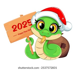 Merry Christmas and Happy New Year. Cute little snake with wooden placard. Funny cartoon character. 