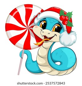 Merry Christmas and Happy New Year. Cute little snake with big candy cane. 