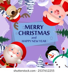 Merry Christmas and Happy New Year poster design. Creative lettering with Santa Claus, pig, deer and snowman in hat and scarf on background with forest. Can be used for postcards, banners, invitations