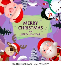 Merry Christmas and Happy New Year festive banner design. Creative lettering with Santa Claus, pig, deer and snowman on background with snowy forest. Can be used for postcards, banners, invitations