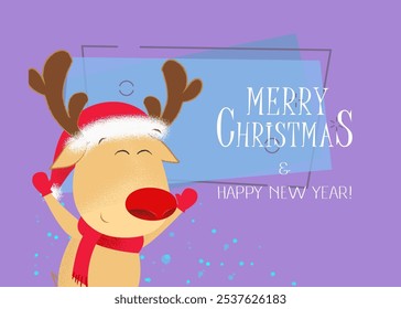 Merry Christmas and happy New Year poster design. Happy reindeer in Santa hat on abstract background. Template can be used for greeting cards, posters, banners and brochures