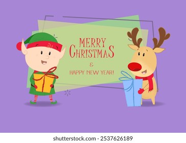 Merry Christmas and happy New Year postcard template design. Joyful elf and reindeer with presents on abstract background. Vector can be used for greeting cards, posters, banners and brochures