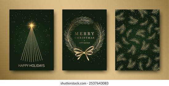 Felices Navidades y Feliz Año Nuevo. Corona de oro sobre fondo verde, ramas de pino y copos de nieve, árbol de Navidad. Postal, invitación, saludo, Anuncio.