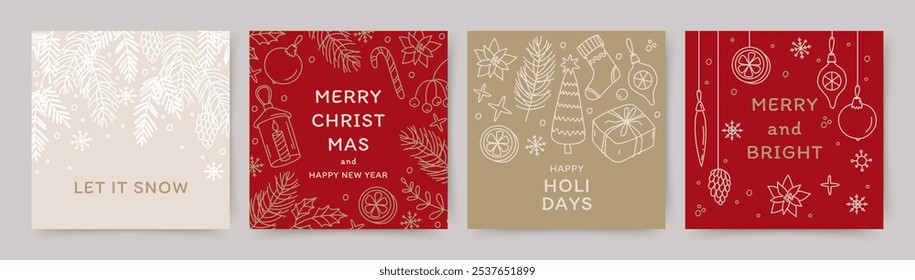 Merry Christmas and Happy New Year Set of greeting card, poster, cover. Winter holidays banner templates with hand drawn cute doodle style design elements. Vector for ads, print, social media post