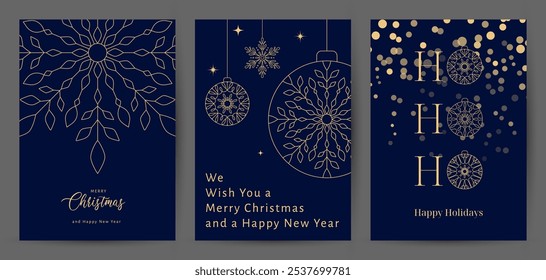 Merry Christmas and Happy New Year Set of greeting card, poster, cover. Winter illustration with gold snowflakes in blue color. Corporate Holiday cards, invitations