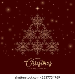 Merry Christmas and Happy New Year frame for social media post, greeting card, poster, cover. Winter illustration with gold snowflakes in red color. Modern Winter holidays square template