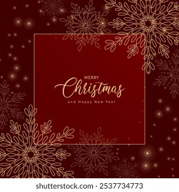 Merry Christmas and Happy New Year frame for social media post, greeting card, poster, cover. Winter illustration with gold snowflakes in red color. Modern universal Winter holidays square template