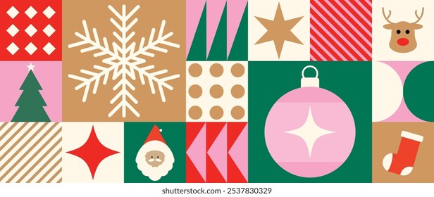 Merry Christmas and happy new year pattern background vector. Decorative elements of tree, snowflake, santa, reindeer, bauble. Design for banner, card, cover, poster, advertising.wallpaper, packaging.