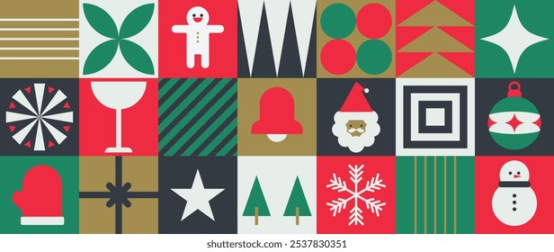 Merry Christmas and happy new year pattern background vector. Decorative elements of tree, snowflake, santa, bauble, snowman. Design for banner, card, cover, poster, advertising.wallpaper, packaging.