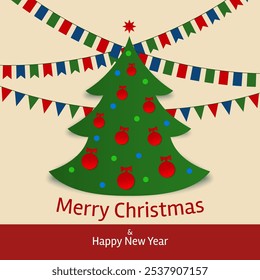 Merry christmas and happy new year greeting card, banner. Christmas tree, balls. Creative design for postcard, invitation, greeting card, wallpaper. Party event decoration, vector illustration