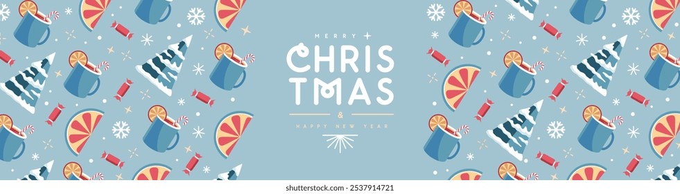 Merry Christmas and Happy New Year greeting banner with holiday attributes. Christmas background. Flat design. Vector illustration
