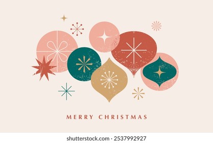 Feliz Natal e Feliz Ano Novo 2025. Fundo vintage abstrato com tipografia, decorações de Natal minimalista, árvores e elementos de ornamentos. Ilustração vetorial desenhada à mão retrô. Moderno