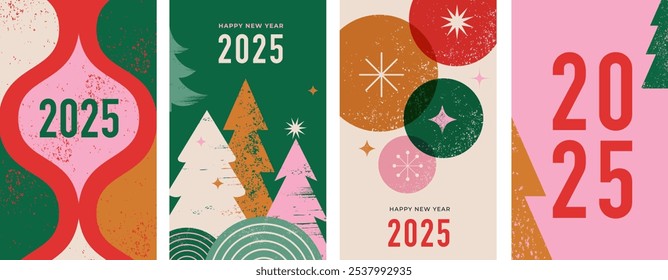Merry Christmas and Happy New Year 2025. Set of cards, story templates, cards, posters. Abstract background with typography , minimalist Christmas decorations, trees and ornaments elements. Hand drawn