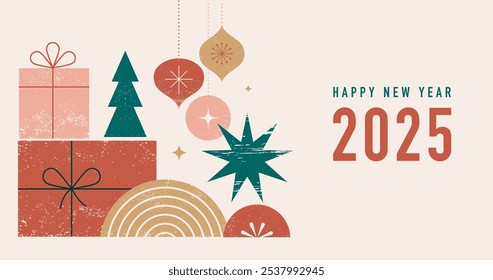 Merry Christmas and Happy New Year 2025. Abstract vintage background with typography , minimalist Christmas decorations, trees and ornaments elements. Retro hand drawn vector illustration. Modern