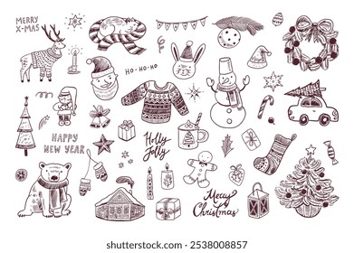 Merry Christmas and Happy New Year. Cute hand drawn elements. Vector line illustration.