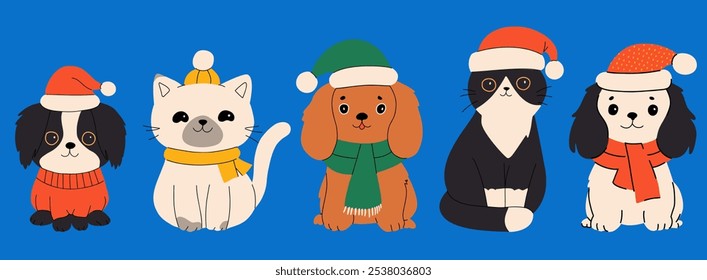 Merry christmas and happy new year concept background vector. Collection drawing of cute cat and dog with decorative scarf, ribbon, hat. Design suitable for banner, invitation, card, banner, cover.