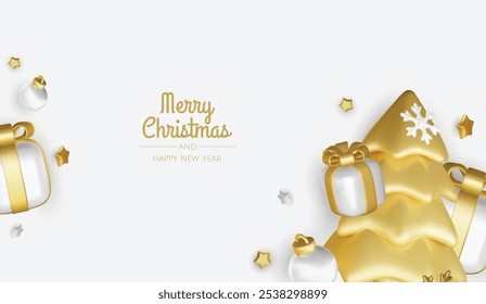 Merry Christmas and happy new year background. Christmas tree, Gift boxes, Christmas balls. Christmas element for web, banners, greeting card, template design.