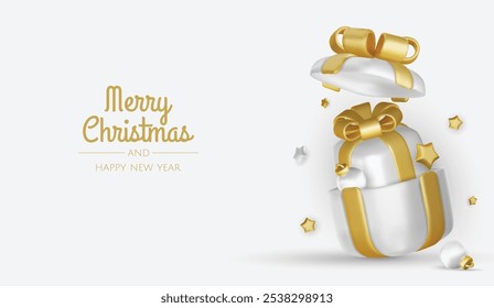 Merry Christmas and happy new year background. Christmas tree, Gift boxes, Christmas balls. Christmas element for web, banners, greeting card, template design.