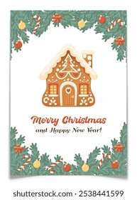 Merry Christmas and Happy New Year greeting card. Xmas postcard template. Gingerbread house cookie with icing on rooftop and pine branches frame decorated with Christmas balls. Vector illustration.