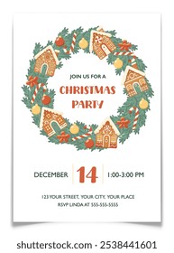 Merry Christmas and Happy New Year party invitation postcard. Xmas holiday event invite template. Pine wreath decorated with gingerbread houses, candy canes and Christmas balls. Vector illustration.