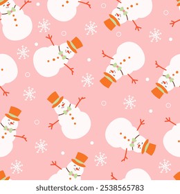 Merry Christmas and happy new year pattern with cute snowman in winter costume. Holiday cartoon and character in scarf and hat flat style on pink background. Print, wrapping paper, wallpaper, card