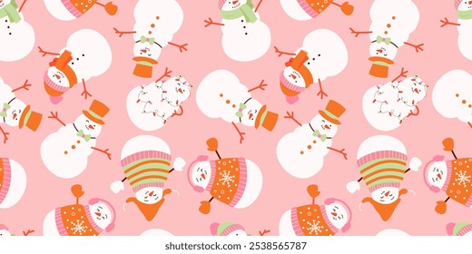 Merry Christmas and happy new year pattern with cute snowman in winter costume. Holiday cartoon and character in scarf and hat flat style on pink background. Print, wrapping paper, wallpaper, card