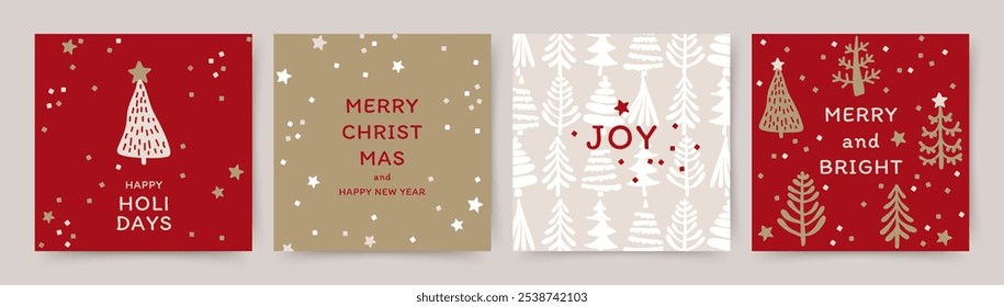 Conjunto de tarjetas de felicitación de feliz Navidad y feliz año Nuevo. Fondo lindo de la Navidad con la mano dibujada del árbol de Navidad y el patrón de la nieve. Plantillas de Vector de Festiva para el Anuncio, invitación, cartel, publicidad