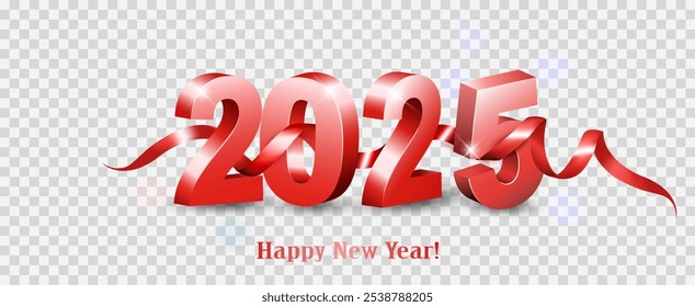 Merry Christmas and Happy New Year 2025. Red 3D numbers with red ribbon on transparent background. Festive realistic design. Holiday party 2025 web poster. Vector