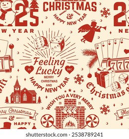 Merry Christmas and Happy New Year seamless pattern with snowflakes, hanging christmas ball, casino dice, fireplace, poker playing card, slot machines, sweet candy cane. Vector. Christmas background.