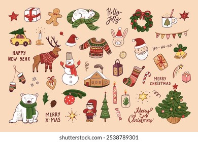 Merry Christmas and Happy New Year. Cute hand drawn elements. Vector illustration.