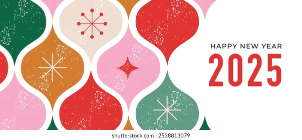 Merry Christmas and Happy New Year 2025. Abstract vintage background with typography , minimalist Christmas decorations, trees and ornaments elements. Retro hand drawn vector illustration. Modern