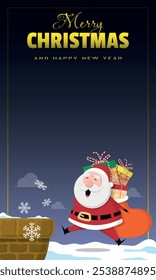 Merry Christmas and Happy New Year template with Santa Claus is on the roof carrying a sack of gifts 