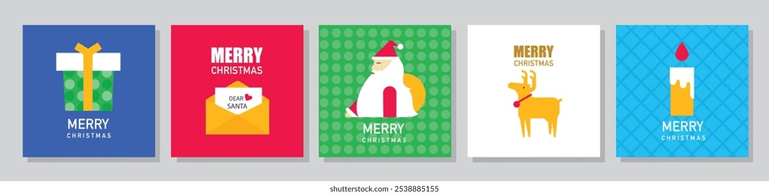 Merry Christmas and Happy New Year Set of greeting card, poster, holiday cover. Cute Xmas design,season greetings,Vector illustrations.