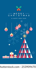 Feliz Natal e feliz ano novo cartão de saudação com árvore de Natal e elementos festivos de Natal. Feriado banner, web poster, folheto, folheto elegante, cartão de saudação, capa. Fundo Xmas. 