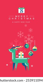 Tarjeta de felicitación de feliz Navidad y feliz año nuevo con Elementos festivos de renos y Navidades. Anuncio de Festiva, cartel de Web, folleto, folleto con estilo, tarjeta de felicitación, cubierta. Fondo de Navidad. 