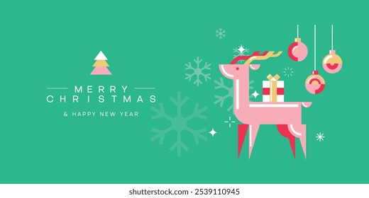 Merry Christmas and happy new year greeting card with Reindeer and Christmas festive elements. Holiday banner, web poster, flyer, stylish brochure, greeting card, cover. Xmas background. 