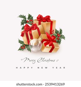 Merry Christmas and Happy New Year greeting card with holly branches and berries, glass transparent Christmas ball and  golden gift boxes tied with red bows on a light backdrop