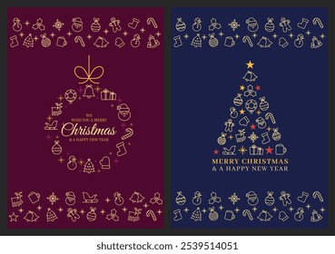 Merry Christmas and a Happy New Year Card Design. Christmas Tree and Wreath or Christmas ball Icon Poster, greeting card, web banner or background