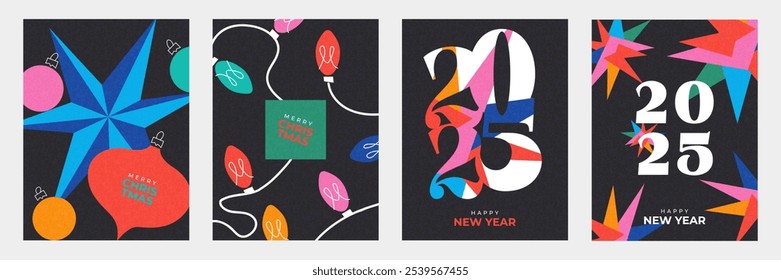 Merry Christmas and Happy New Year 2025 set of greeting card, poster, web banner, holiday cover. Modern bright Xmas design template in trendy geometric style for ads, sales, print and season greetings