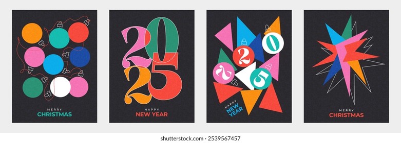 Merry Christmas and Happy New Year 2025 set of greeting card, poster, web banner, holiday cover. Modern bright Xmas design template in trendy geometric style for ads, sales, print and season greetings