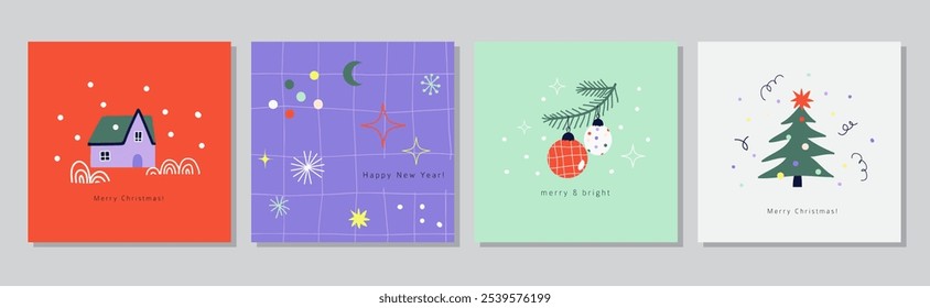 Fröhliche Weihnachten und Frohes neues Jahr Set von quadratischen Grußkarten, Plakaten, Umschlägen mit Text. Winterparty Dekoration. Einfaches naives handgezeichnetes Cartoon-Design. Flache Vektorgrafik 