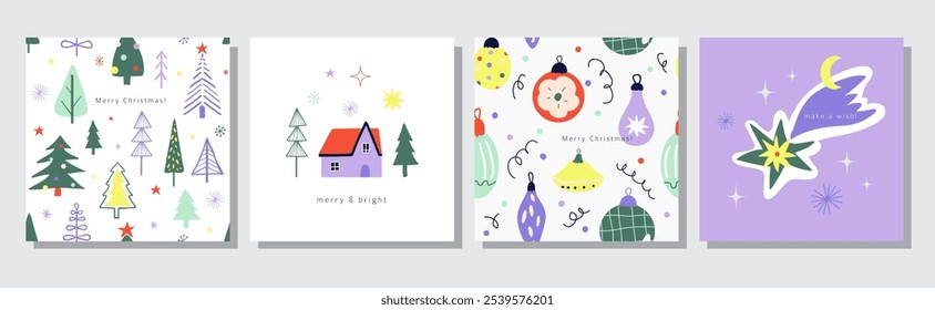 Merry Christmas and Happy New Year Set of square greeting cards, posters, covers with text. Winter party decoration. Simple naive hand drawn cartoon design. Flat vector illustration 