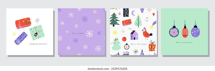 Merry Christmas and Happy New Year Set of square greeting cards, posters, covers with text. Winter party decoration. Simple naive hand drawn cartoon design. Flat vector illustration 