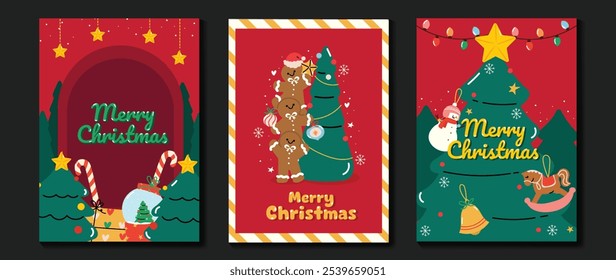 Feliz Natal e feliz ano novo cartão de cumprimentos vetor. Decorativo com árvores de Natal, ornamentos, luzes, gengibre, boneco de neve, cavalo. Design para cartão de feriados, cartaz, capa, estação, mídia social.