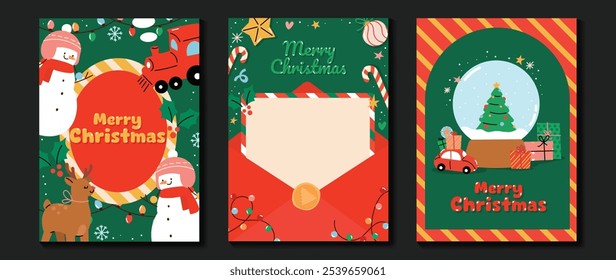 Feliz Navidad y feliz año nuevo Vector de tarjeta de felicitación. Decorativo con árboles de Navidad, adornos, luces, sobre, muñeco de nieve, regalos. Diseño para tarjetas de vacaciones, póster, portada, temporada, redes sociales.