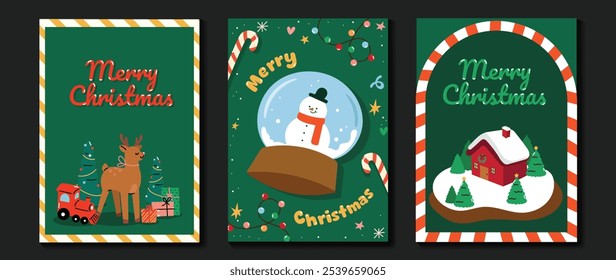 Feliz Navidad y feliz año nuevo Vector de tarjeta de felicitación. Decorativo con árboles de Navidad, adornos, luces, globo de nieve, renos, regalos. Diseño para tarjetas de vacaciones, póster, portada, temporada, redes sociales.